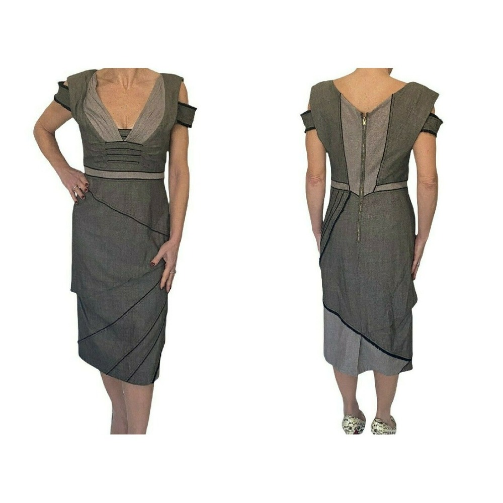 Zac Posen Womens Dress Brown Wool Cold Shoulder V- Neck Midi Sz 10 NWT $1350